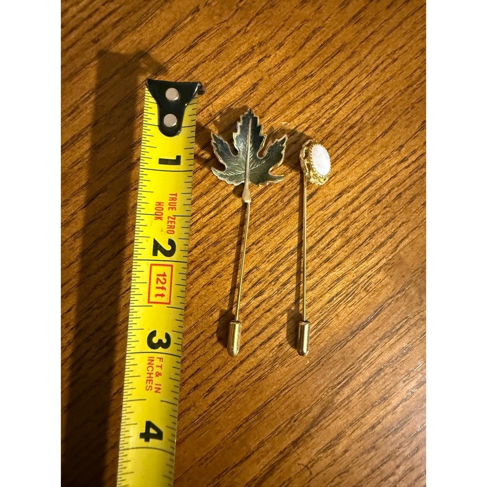 Vintage Gold Tone Stick Pin Set Maple Leaf Enamel and Faux Opal Cabochon 2 Piece - Picture 6 of 6